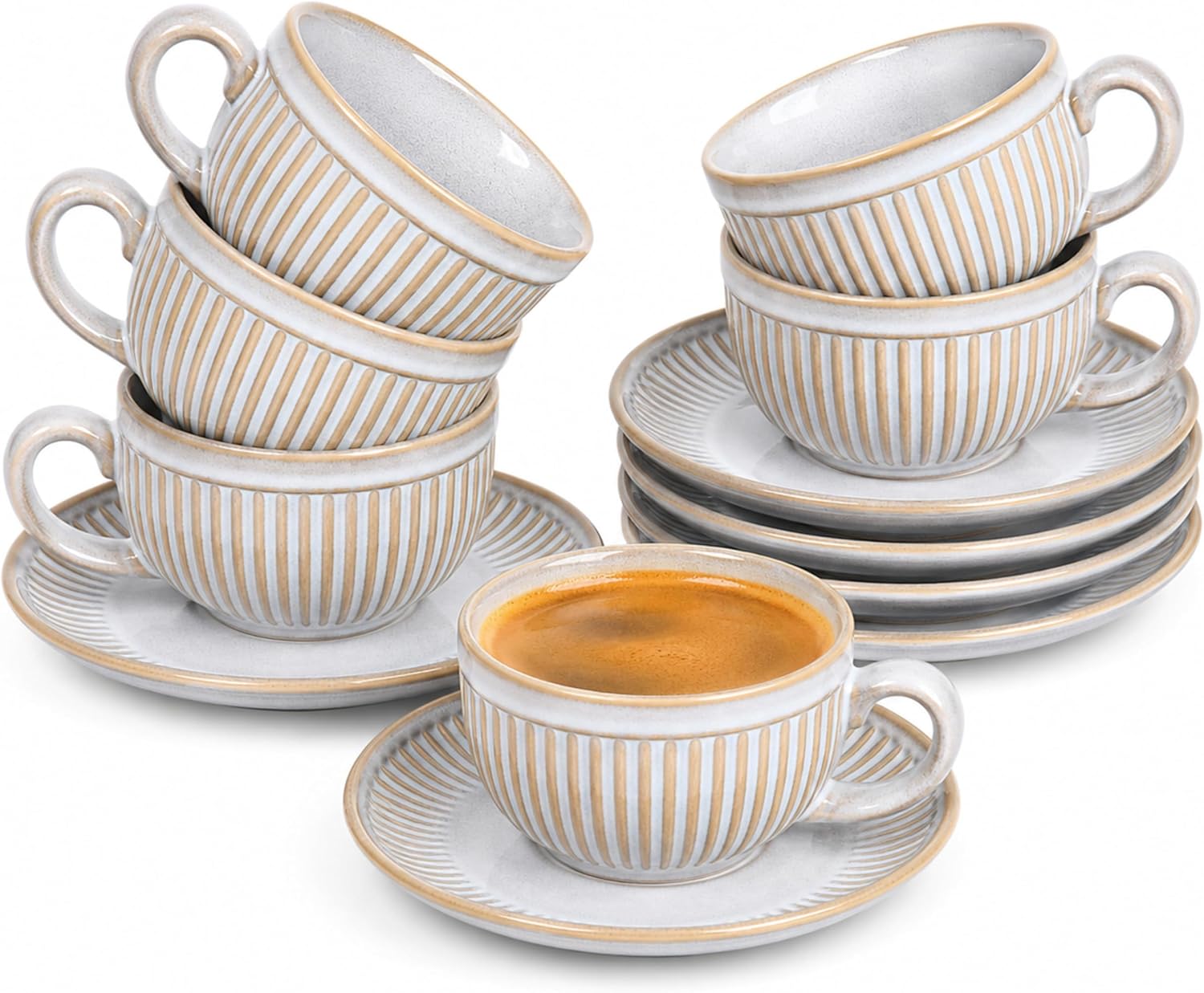 6er-Set Espressotassen mit Untertassen 90ml - Espresso Tassen Set Steingut -Kaffeetassen Dickwandig mit Henkel- Handgefertigte Barista Kaffeetassen - Perlgrau