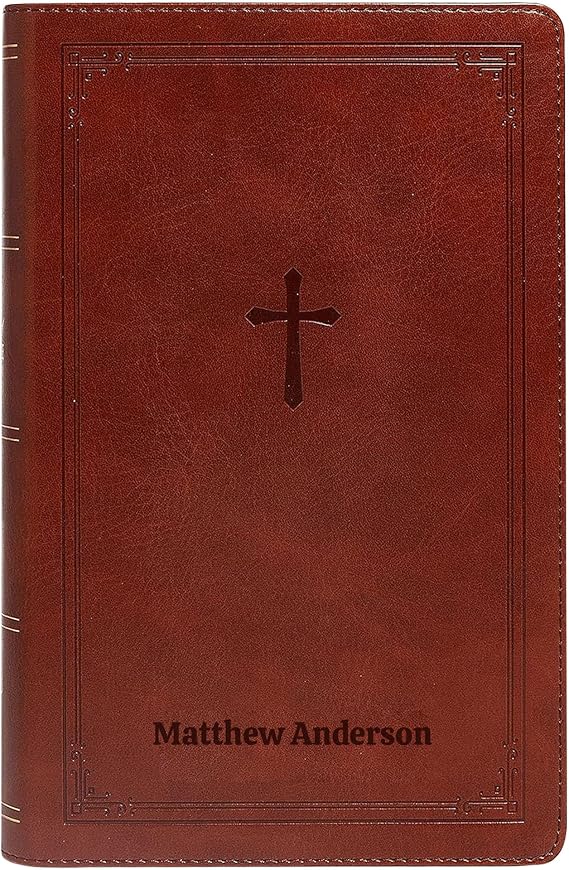 Custom Personalized NKJV Red Letter Reference Holy Bible | Large Text | Dark Brown Engraving | Brown Faux Leather with Cross | New King James Version with Lay Flat Design for Study