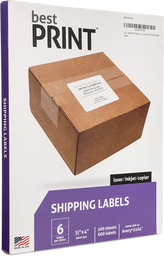 6 Up - Best Print Address Labels - 3-1/3" x 4" (Same Size as 5164), 600 Labels