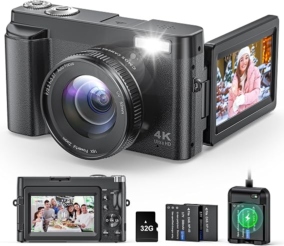 4K Digital Camera for Beginners & Teens, with Flip Screen, 32G Card(Black) | 48MP Camera for Photography, Vlogging Camera for YouTube, Travel, Autofocus, Flash, 16X Zoom, Easy-to-use, Gift