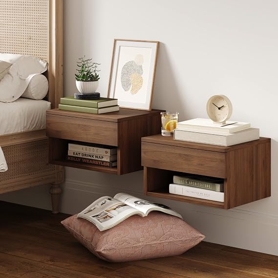 Nathan James Jackson Wall Mounted Floating Bedroom Nightstand with Storage Drawer and Modern Open Shelf Cubby Set of 2, Walnut