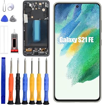LCD Display [with Frame] Compatible with Samsung Galaxy S21 FE [6.4 inch] SM-G990B, SM-G990B/DS, SM-G990U Screen Touch Digitizer Assembly LCD Display with Repair kit