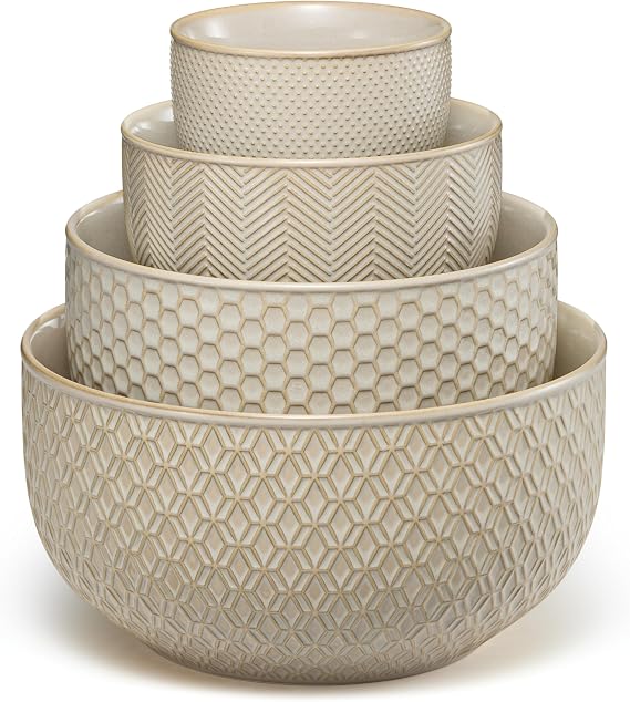 KooK Ceramic Mixing Bowls, Nesting Set of 4, Embossed Kitchen Dishware, Prep, Serving, Gift, Microwave and Dishwasher Safe, 20/44/98/145 oz, Narbonne Collection (Almond)