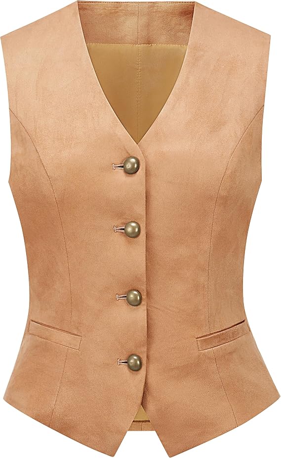 V VOCNI Women's Western Vest Suede Leather Sleeveless Waistcoat | V Neck, Button Up, Slim Fit, Real Pockets, Adjustable Back Belt, Retro Cowgirl Vest Tops