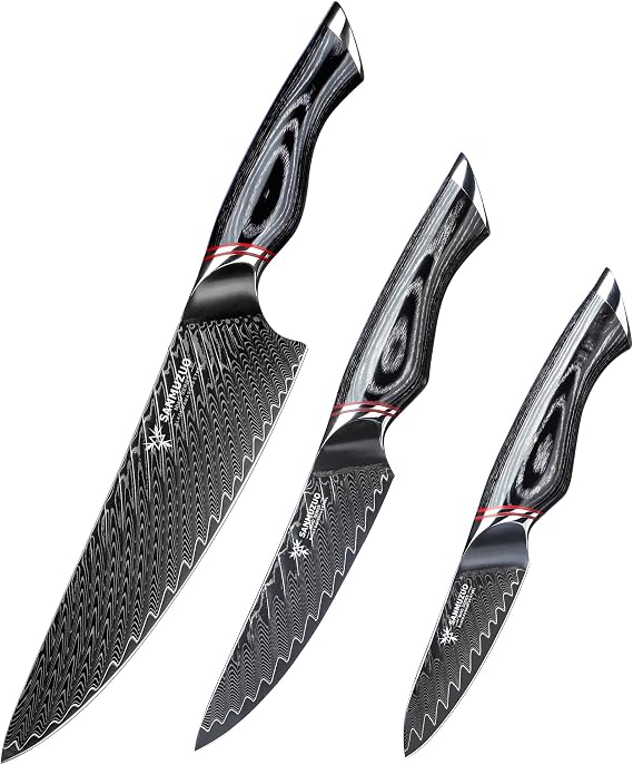 Knife Set 3 PCS,Ultra-Sharp Professional Chef Knife Set with Ergonomic Pakkawood Handle - MIAO Series