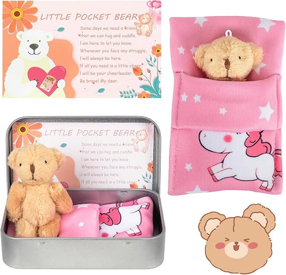 Pocket Bear in Tin Box, Worry Bear Plush Toys for Her | Stuffed Animal Teedybear Doll, Good Luck Gift Inspirational Positive Ornaments First Day at School Gift for Kids Women Friend