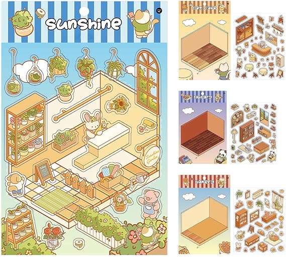 Miniature House Kit Stickers, Make Your Own Home Stickers,Vista Print Landscaping Stickers Effect - Set of 4 Home Scene Stickers Funny Cartoon Sticker Scenes Decals for Kids Adults Small Room