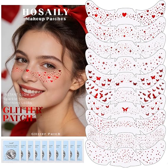 HOSAILY 10pcs Dazzling Red Face Glitter Freckles Makeup Speckles Patches
