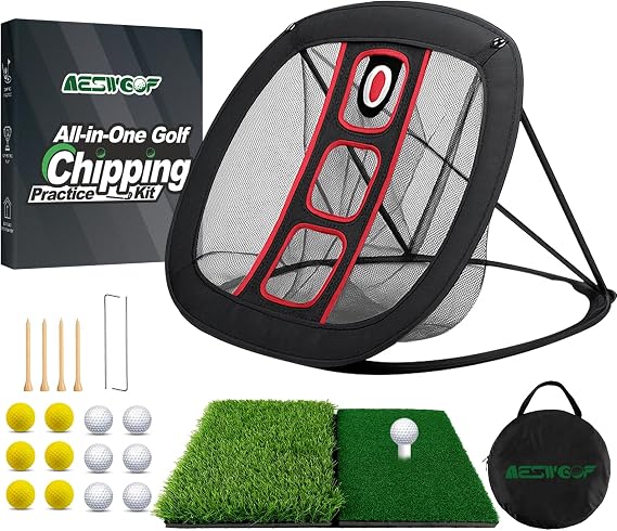Golf Chipping Net Set with Mat & 12 Practice Balls for Indoor Outdoor Use | All-in-One Multi Target Golf Training Kit Portable, Easy Setup for Backyard Practice Great Gift for Golfers and Beginners