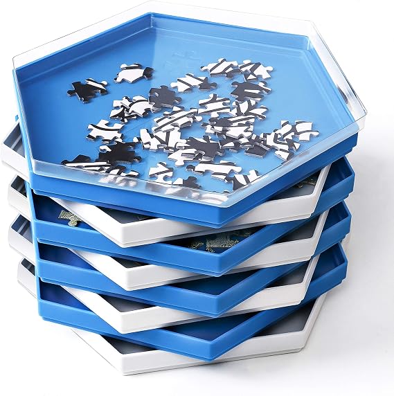Becko US Stackable Puzzle Sorter Tray Jigsaw Sorter Puzzle Accessory with Lid for Puzzles up to 1500 Pieces, 8 White & Blue Hexagon Trays