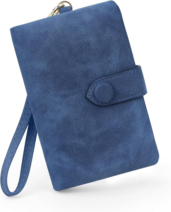 RFID Wallets for Women, Large Capacity Soft Leather Clutch Small Womens Wallet with Wristlet (Blue)