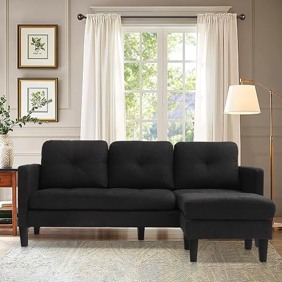 Grepatio Convertible Sectional Sofa Couch, L-Shaped Couch with Modern Linen Fabric for Small Space (Black)