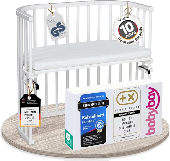 babybay Original Side Bed Solid Beech Wood / Compact & Transformable / Cot Height Infinitely Adjustable Environmentally Friendly / Grows with Your Child (White Lacquered) / Includes Mattress