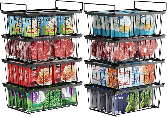 Deep Freezer Organizer Bins - Storage Baskets for 5 Cu.Ft, 8 Pack | Easy Food Access, Stackable Wire Storage, Vertical Space for Frozen Food, Sorts Meat, Vegetables and Bagged Items, Home