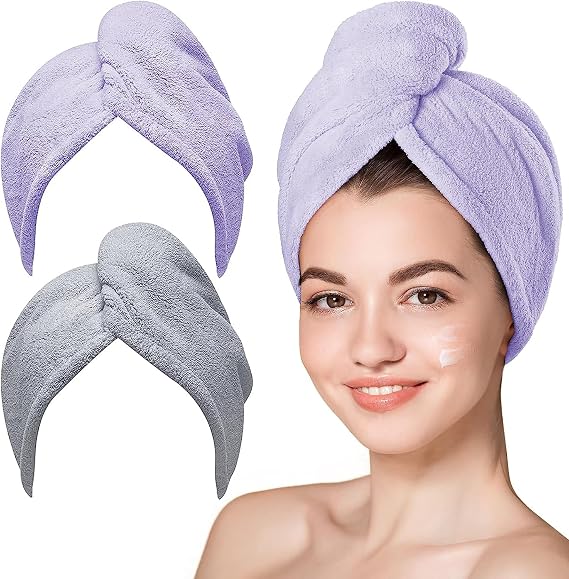 Hicober Microfiber Hair Towel Wrap for Women,Quick Dry, Purple Grey, 2-Pack