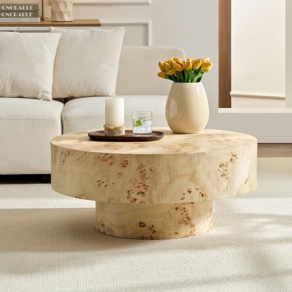 Round Natural Wood Coffee for Living Room, Rustic Burl Wood Pedestal Coffee Table Center Tables for Apartment, Easy Assembly