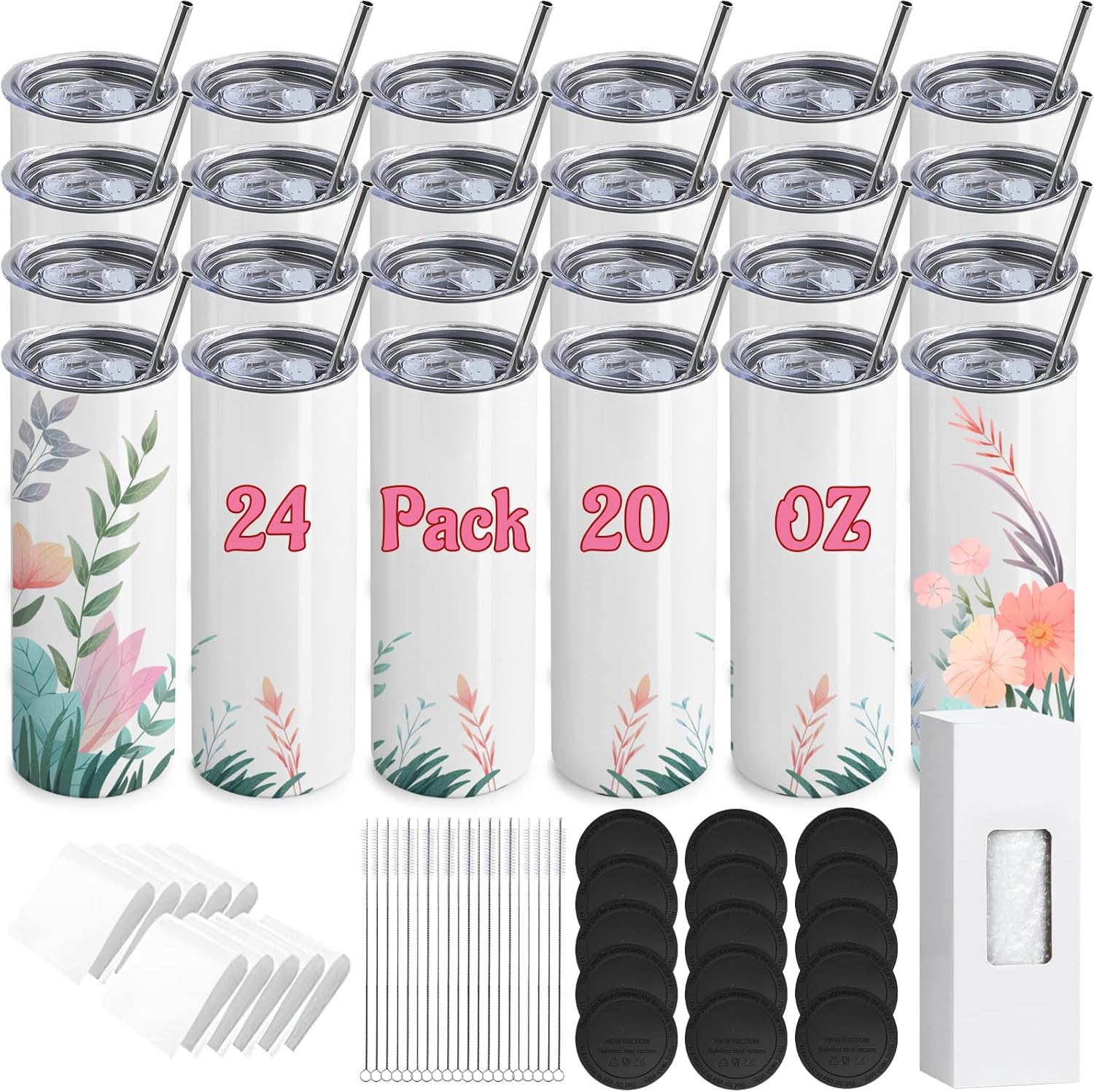 24 Pack 20 oz Sublimation Tumblers Bulk, Stainless Steel Straight Skinny Tumbler, White Double Walled Vacuum Insulated Mug with Metal Straws, Individually Boxed
