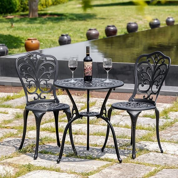 3 Piece Patio Set, Round Bistro Table and Chair Set of 2 with Umbrella Hole, Durable Anti Rust Cast Aluminum Patio Bistro Sets Outdoor Patio Furniture Set for Balcony, Garden,Black