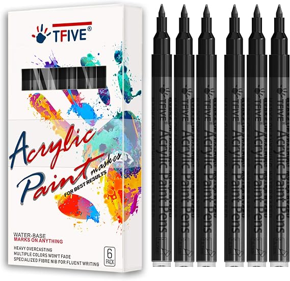 TFIVE Black Paint Markers Paint Pens, 6 Pack Acrylic Permanent Marker | 0.7mm Extra Fine Tip, Waterproof, Quick Dry, Water Based Marker Pen for Rock, Glass, Wood, Plastic, Metal, Canvas, Ceramic