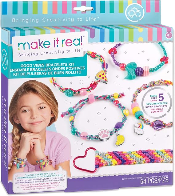 Make It Real - Good Vibes Bracelets Kit - DIY Charm Bracelet Making Kit with Case - Friendship Bracelet Kit with Beads, Charms & Thread - Arts & Crafts Bead Kit for Girls - Makes 5 Bracelets