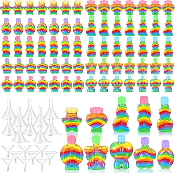 Bokon 100 Pcs Plastic Sand Art Bottles Bulk Sand Art Containers with 20 Pcs Funnels for DIY Crafts Wedding Birthday Party Decoration, 10 Style(Plastic Cap)