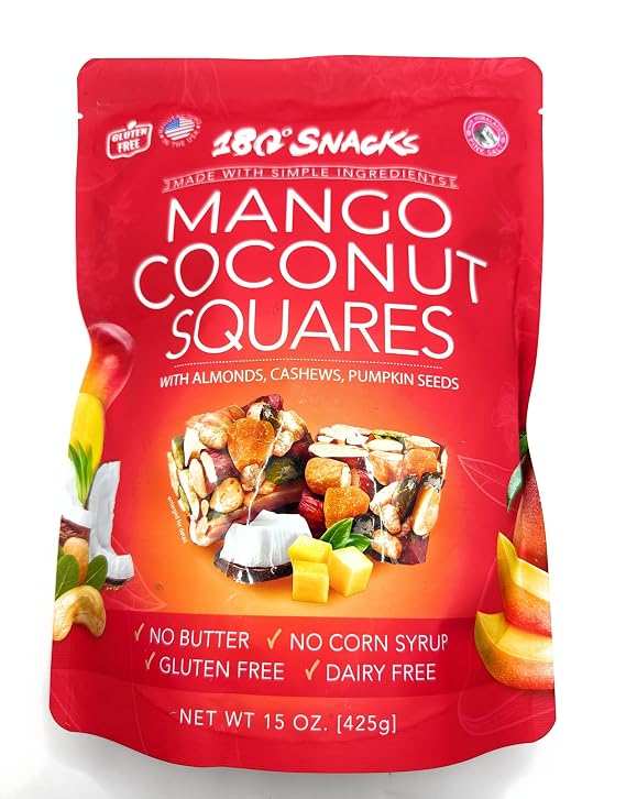180 Snacks, Mango Coconut Squared, with Almonds, Cashews, Pumpkin Seeds