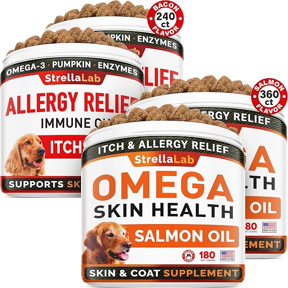 Allergy Relief 2 Packs 240ct + Omega 3 360ct for Dogs Bundle - Itchy Skin Treatment + Skin&Coat - Omega 3 & Pumpkin + Chondroitin, MSM - Allergy Chews & Anti Itch Support Supplement - Made in USA