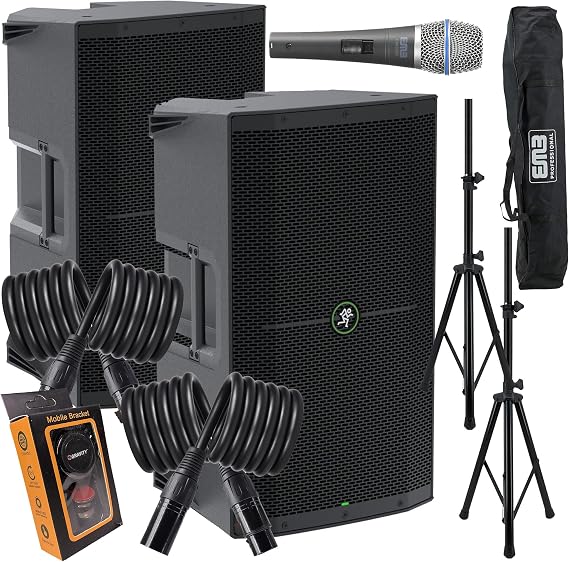 (2) Mackie Thump212XT 1,400-watt 12-inch Powered Speaker with Bluetooth Streaming, Feedback Eliminator, Music Ducking, Dual TRS/XLR Bundle with EMB XLR, Microphone, Stand, Bag, Gravity Magnet Package