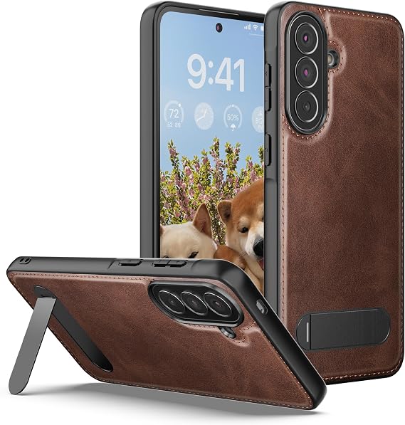 Foluu Leather Case for Samsung Galaxy A57 5G, Built-in Invisible 360 Rotatable Stand, PU Leather + Hard PC Shell Slim Protective Phone Cover for Galaxy A57 5G 2026 (Brown)