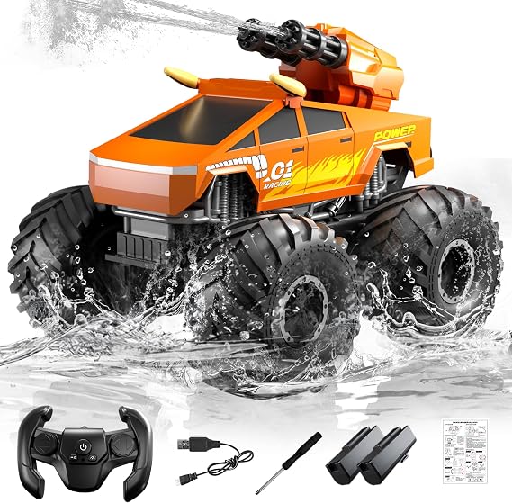 Remote Control RC Car, 1:18 Amphibious Remote Control Car,3-in-1 RC Monster Trucks/RC Boat/Water Gun,2.4GHz All Terrain Waterproof 4WD Off-Road RC Trucks Pool Toys Birthday Gift for Kids (Orange)