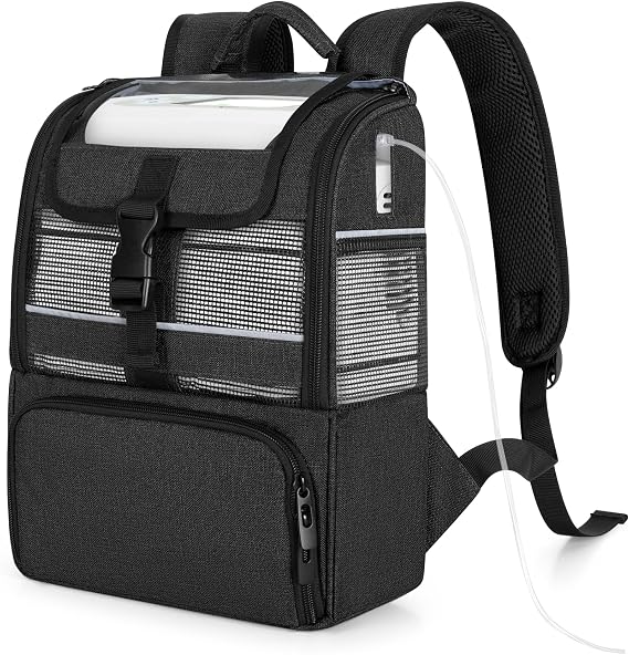 CURMIO POC Backpack Compatible with Rhythm Healthcare P2/P2-E6/P2-E7, Black | Portable Oxygen Concentrators Carrying Bag with Mesh Panels for Breathability, Adjustable Bungee Cord to Keep POC, Bag Only