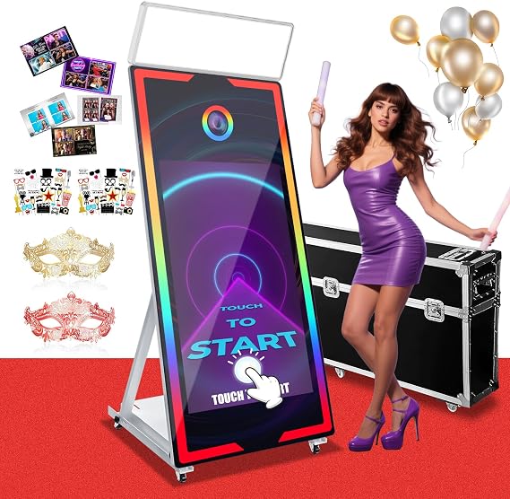 Magic Mirror Photo Booth 65 with Flight Case, Selfie Mirror Photo Booth Remote Control RGB Light, Instant Print and Sharing 43 Touch Screen for Event Party Wedding Rental (White)