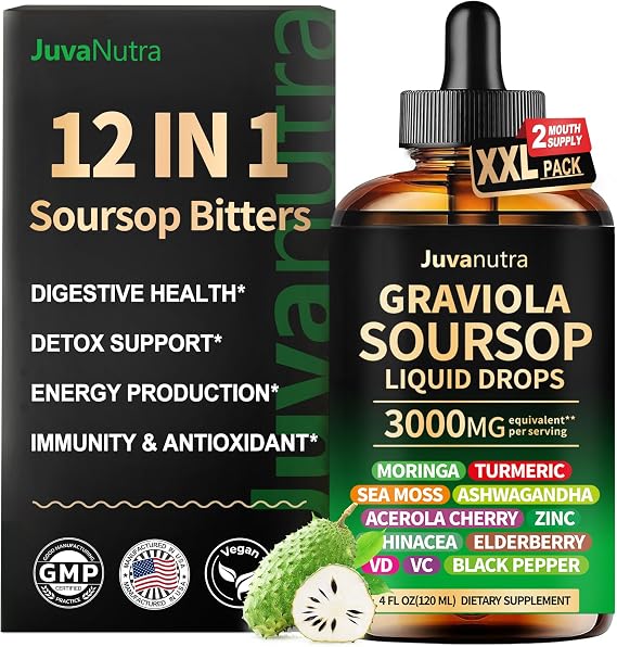 (4 Fl Oz) Soursop Bitters Liquid Drops 12 in 1 with Sea Moss, Moringa, Turmeric, Echinacea & Ashwagandha Extract - Herbal Tonic for Digestive Wellness & Immune Support