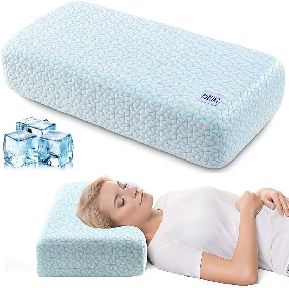 Polyaround Cooling Cube Pillow for Side Sleepers, 40D High-Density Memory Foam Support Head Crevical Square Pillow for Neck and Shoulder Pain, 24 x12 x5, Blue