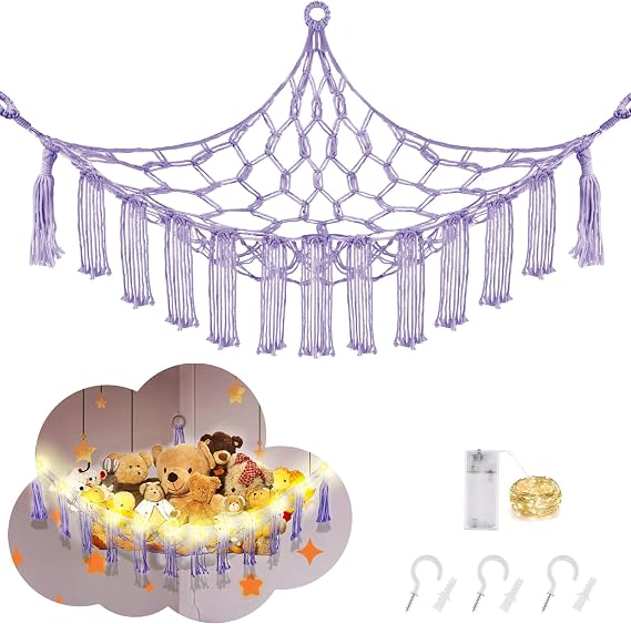 CERETIA Stuffed Animal Hammock Large Corner Plushie Net Storage, Purple | With LED Light, Large Stuffed Animals Storage for Kids Room Decor