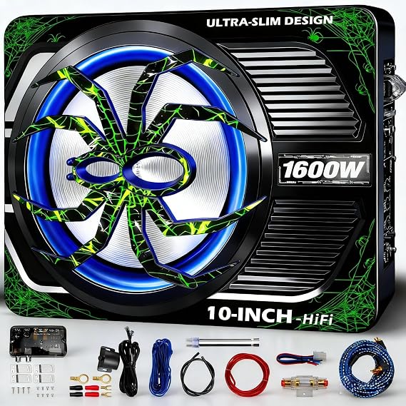 2026 Upgraded 1600W Car Subwoofer, 10" Ultra-Thin Under-Seat Sub with Built-in Amplifier, (LPF/Gain/Bass Boost) LED Ambient Lights, Independent Bass Knob, Distortion-Free Deep Bass (B)