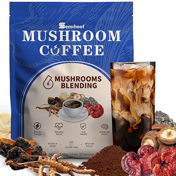 Seminhoof Instant Mushroom Coffee Powder Extract with Chaga,Lions Mane Turkey Tail Shiitake Cordyceps Reishi for better Focus, Energy, Digestion and Immunity Weight Loss Arabica Bean 20 Servings