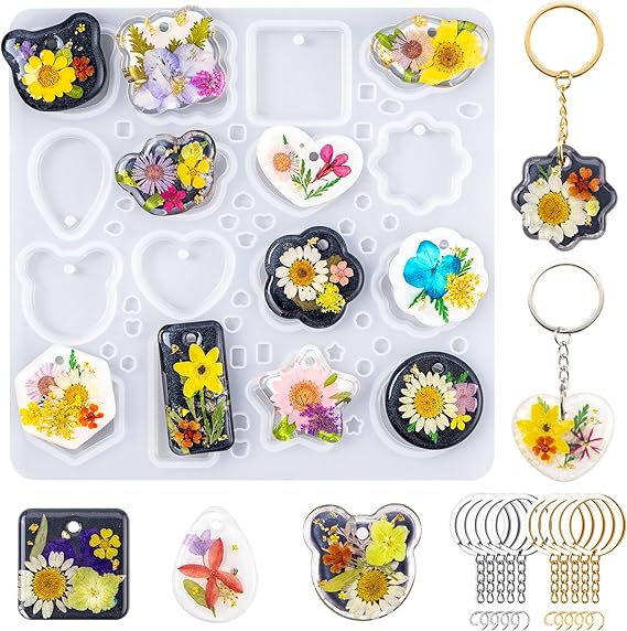 LET'S RESIN Keychain Resin Molds Silicone, 16 Cavity Pendant Casting Mold