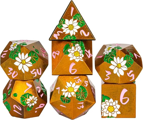 Cusdie 7-Die Lotus Metal DND Dice Set, D&D Metal Dice, Polyhedral Dice Set, for Role Playing Game Pathfinder(Ancient Gold w/Pink Numbers)