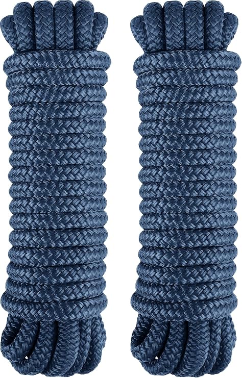 Double Braid 1/2" x 30' Boat Dock Lines (2-Pack) Nylon Boat Ropes for Docking with 12" Spliced Eye Heavy Duty Marine Rope Soft & Durable Boat Lines for Pontoon and Light Boat (Navy Blue)