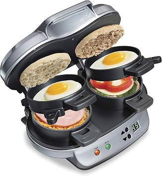 Hamilton Beach Dual Breakfast Sandwich Maker with Timer, Ready in 5 Minutes, Removable Dishwasher Safe PFAS-Free Non-Stick Egg Cooker Ring, Silver 25490MNA
