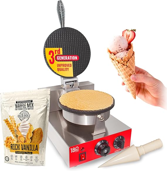 ALDKitchen Commercial Waffle Cone Maker - Stainless Steel Ice Cream Cone Machine, 1-Head 1000W Nonstick, Adjustable Temp & Timer - Includes Cone Roller & Free Vanilla Mix (SINGLE)