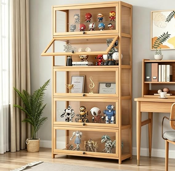 Display Cabinet with Acrylic Doors, 5-Tier Bamboo Curio Display Cabinet, Display Cases for Figurine, Toy Organizers Rack & Display Shelf, Kids Bookcase for Home Office, Playroom, Living Room