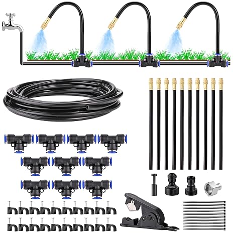 Automatic Drip Irrigation Kit 33FT(10m) - DIY Garden Watering System with 10Pcs 360° Adjustable Bendable Brass Mist Nozzles, Faucet Adapter, Hose & Cutters for Greenhouse Yard Cooling Humidifying