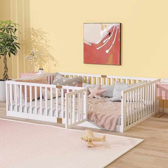 Bellemave Full Size Montessori Floor Bed with 21.5" High Rails, Rubber Wood Floor Bed with Slats and Door, White