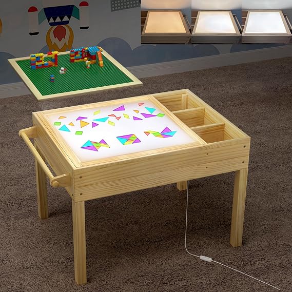 GDLF Sensory Light Table for Kids, 3-in-1 Activity Table with Storage | Interchangeable tops support brick play, tracing and art; 3-color dimmable LED, side bins and paper roll holder for ages 3+