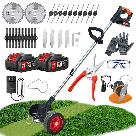 Cordless Weed Wacker Eater Battery Powered, 21V Lightweight Electric Weed Trimmer with 2 Battery Operated & Charger& Wheels & Shears, No-String Grass Trimmer/Brush Cutter/Lawn Edger for Yard Garden