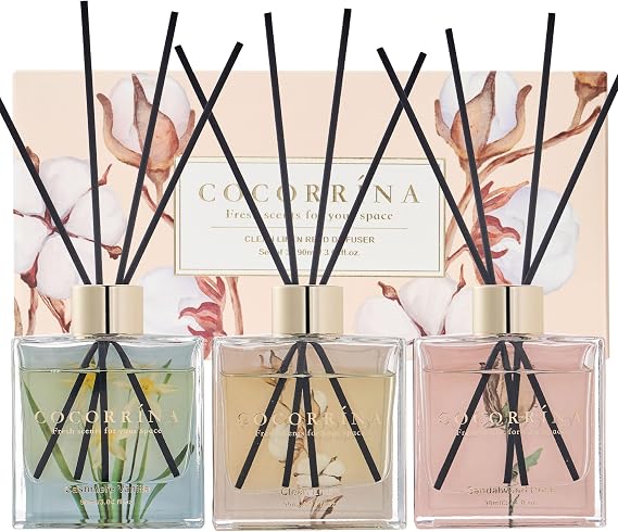 COCORRINA Reed Diffuser Set of 3-3 Pack/ 3.04 Fl.oz Diffuser with 24 Sticks Cashmere Vanilla/Sandalwood Rose/Clean Linen Reed Diffuser for Home Bathroom Office Decor
