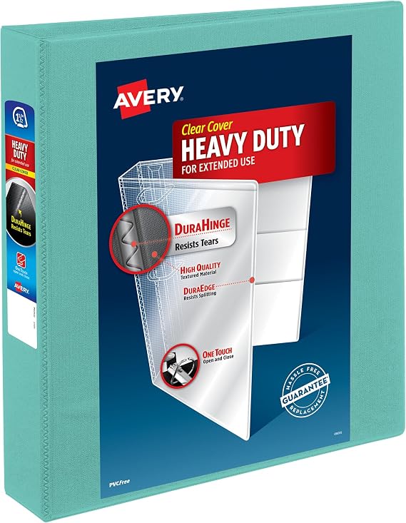Avery Heavy-Duty View 3 Ring Binder, 1.5" Slant Rings, 1 Mint Binder | For Heavy School, Home and Office Use, DuraHinge Tear-Resistant Spine, DuraEdge Split-Resistant Edges, Clear Overlays
