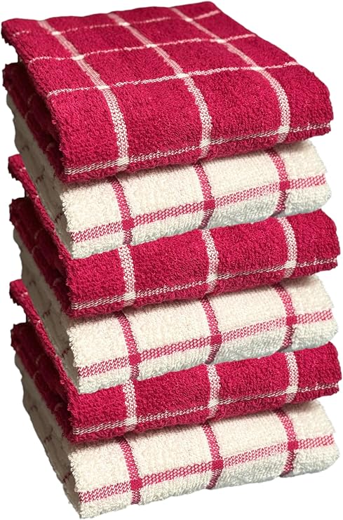 Window Panel Terry Kitchen Towels. 6 Pack 100% Cotton, Kitchen Cleaning Cloths, Highly Absorbent, Maximum Softness and Machine Washable 15 x 25 inch (Red)